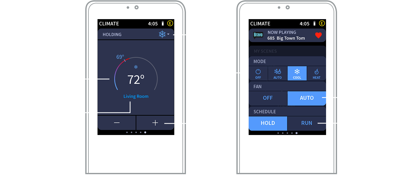 Crestron graphic showing two remote interfaces