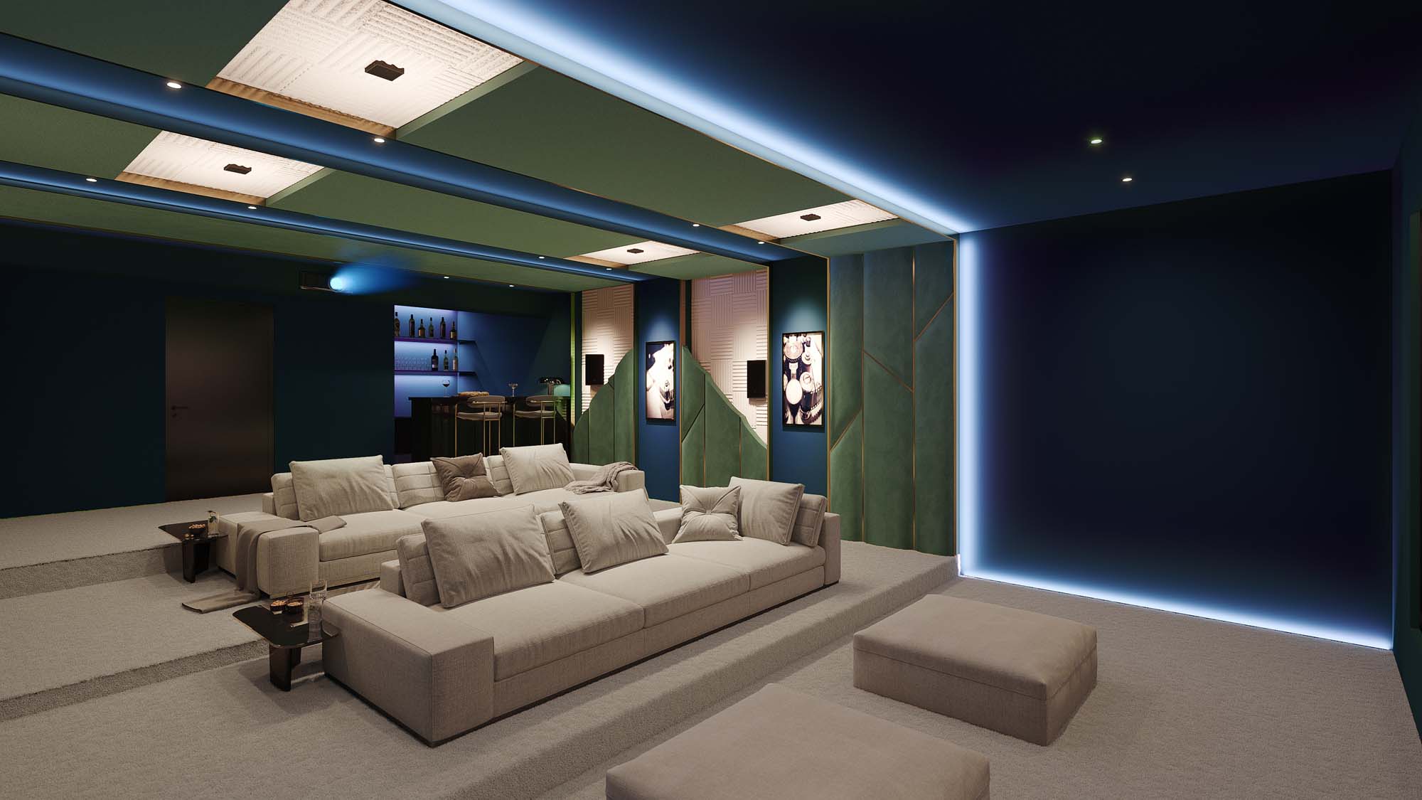 Home theater with beige seating and sci-fi movie on screen