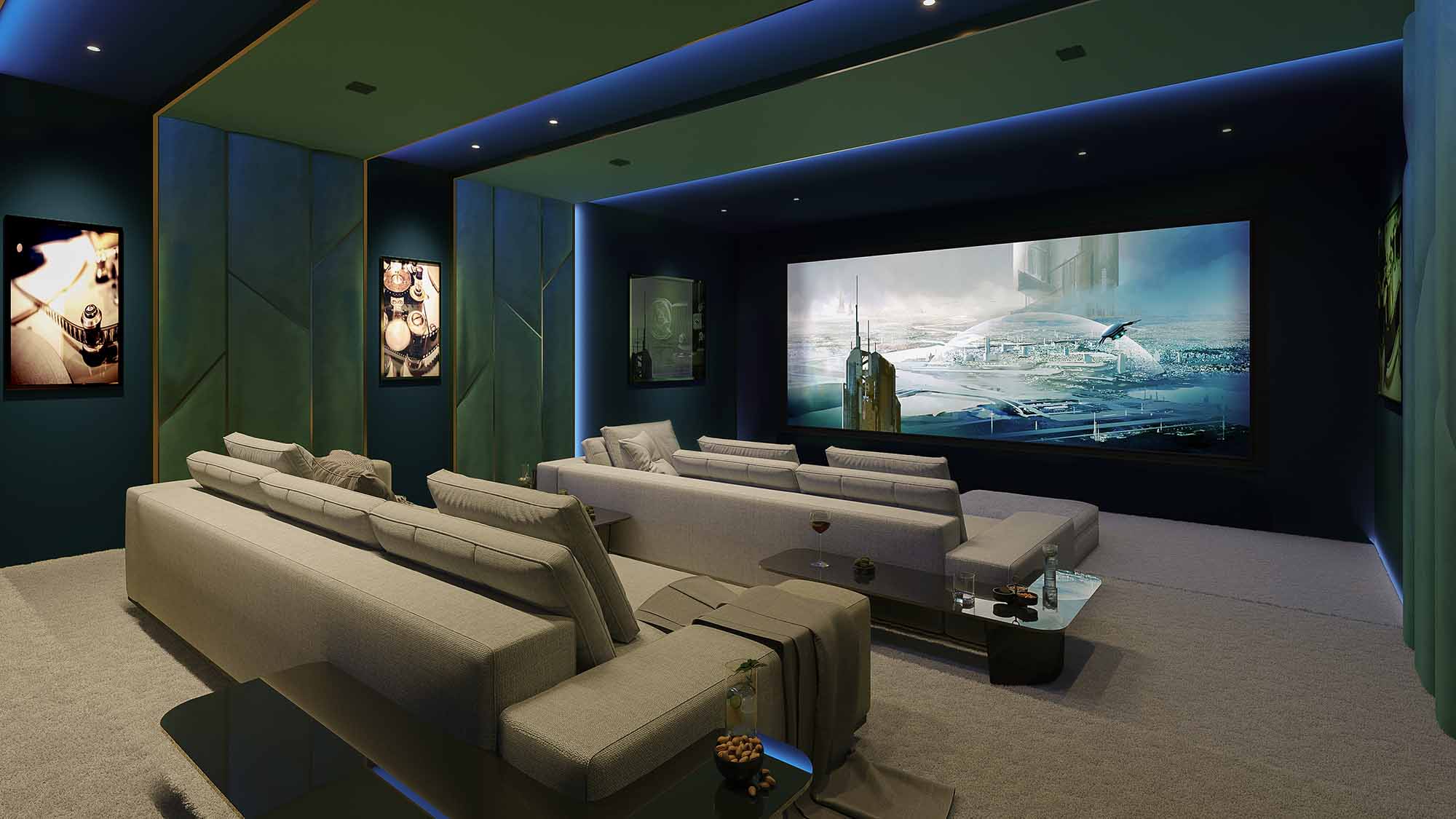 Home cinema with blank screen and visible sound system and speakers