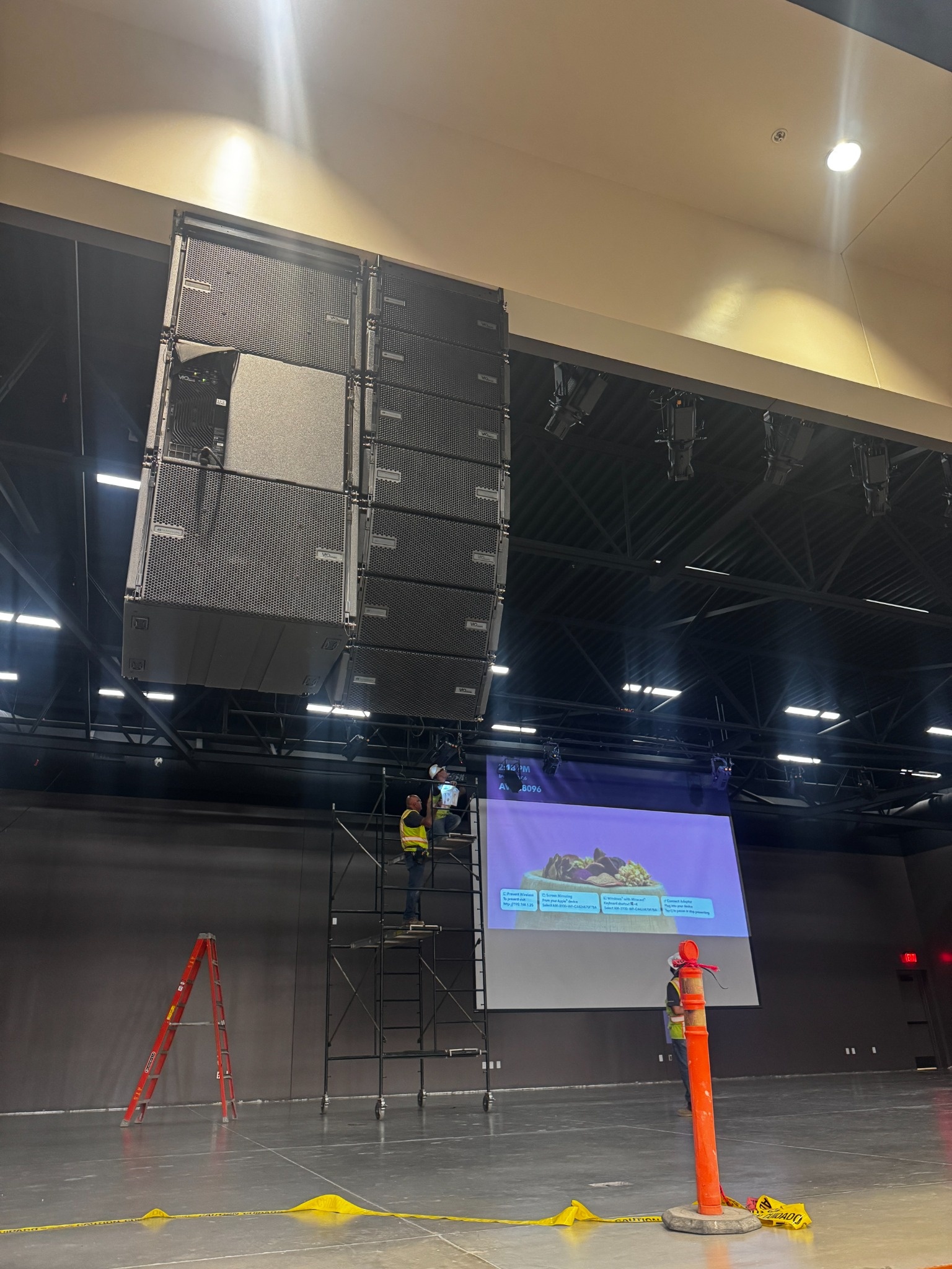 A flown dBTechnologies VIO line array during installation at the Cocopah Event Center